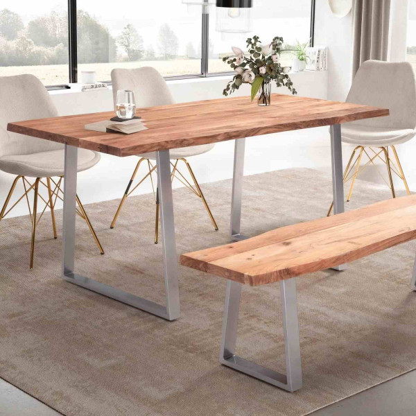 Wohnling Esszimmertisch 160x80x76 cm Akazie Massivholz/Metall Esstisch Baumkante, Küchentisch mit Trapezbeinen in Chrom, Holztisch Rechteckig, WL7.248
