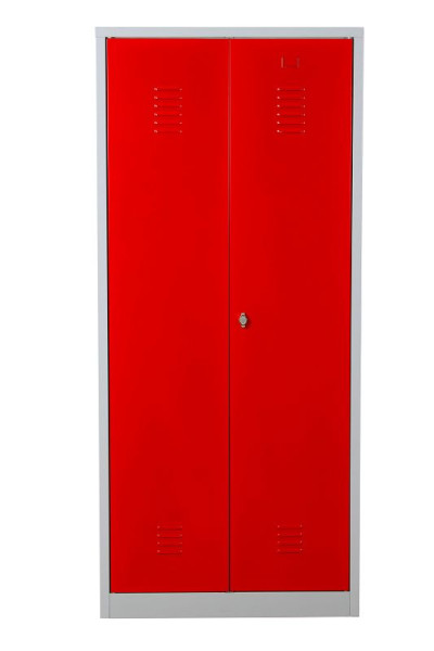 Gürkan Putzmittelschrank, 50 x 80 x 180 cm, Lichtgrau, Feuerrot, Vorhangschloss, links 5 Fächer, CLC/FD.1880, 104510