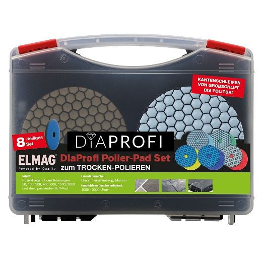 ELMAG DiaProfi-Polierpad - SET Ø100mm, Körnung 50/100/200/400/800/1500/3000 inkl. Halteteller im Koffer, 62310