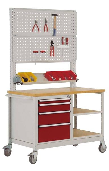 Manuflex Mobile Werkbank Modell 6 mit geölter Multiplex-Abdeckplatte 30 mm BxTxH 1135 x 590 x 810 mm, rubinrot, MW2033.3003