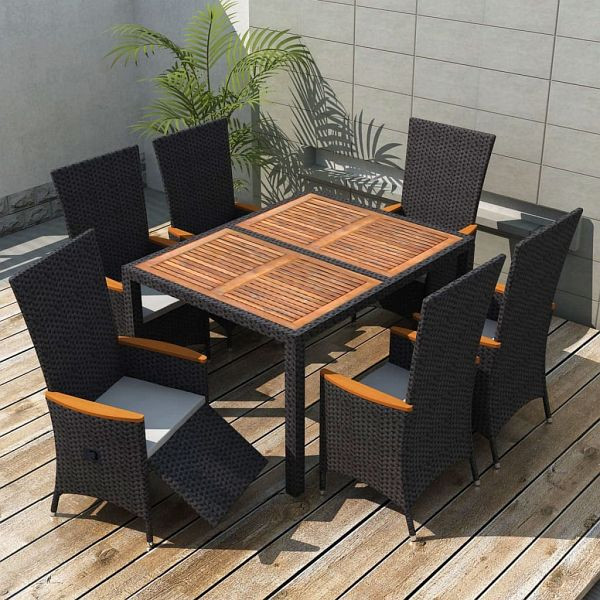 vidaXL 7-teilig Garten-Essgruppe Poly Rattan Akazienholz Schwarz, 47681