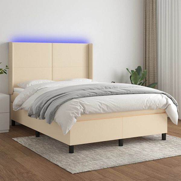 vidaXL Boxspringbett mit Matratze & LED Creme 140x200 cm Stoff, 3138162