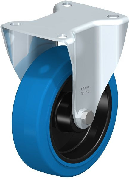 Blickle BK-POEV 125XR-1-SB Stahlblech-Bockrolle, schwere Ausführung, mit Anschraubplatte, Elastik-Vollgummi, Blau, 851403