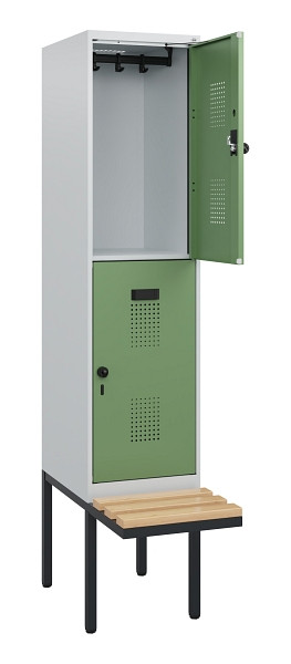 C+P Doppelstock-Spind Evolo PLUS, Bank, 2 Fächer, 1950x400x815mm, 7035/6011, Drehriegel, Sitzfläche Buche-Hartholz, 0493405-12 S10010