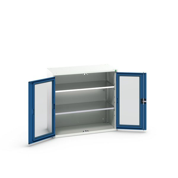 bott verso Flügeltürschrank mit Sichtfenster, mit 2 Fachböden, BxTxH: 1050 x 550 x 1000 mm, Lichtgrau / Enzianblau, 16926276.11
