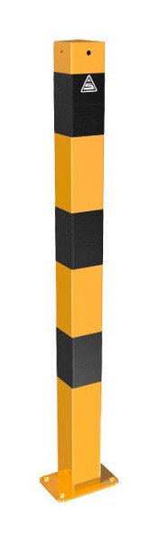 Schake Absperrpfosten Stahlrohr 70 x 70 mm gelb / schwarz, ortsfest, für Dübel Befestigung mit Bodenplatte 100 x 150 mm, ohne Öse, 470PBG