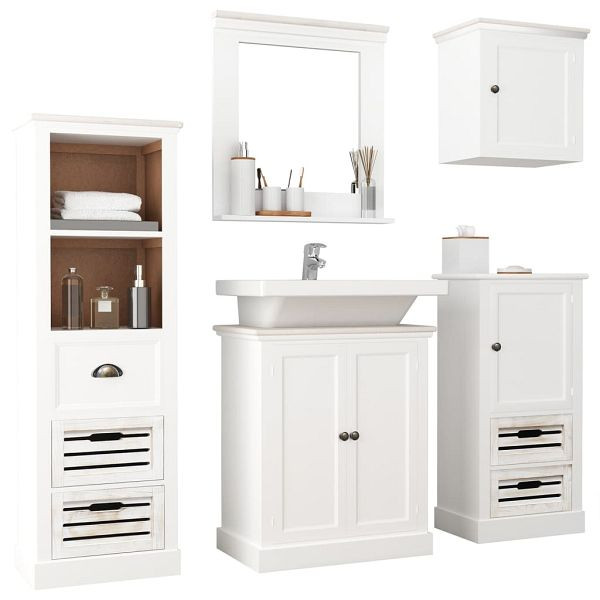 vidaXL 5-teilig Badmöbel-Set Massivholz Weiß, Material: Paulownie und Pappelholz, 338553