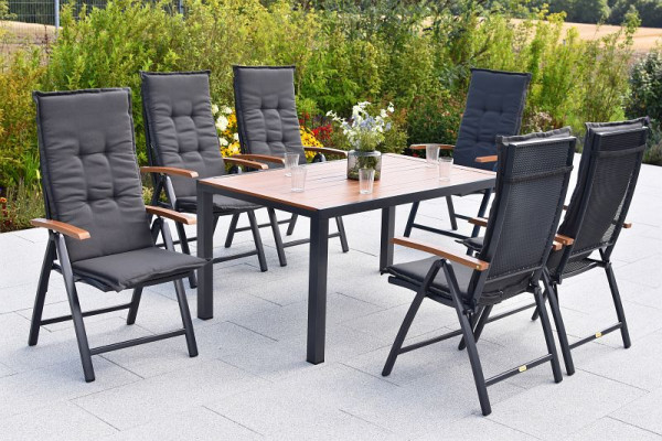 Merxx Thasos Set 13-teilig, 6 Thasos Klappsessel, 6 Auflagen, uni grau, 1 Tisch 150 x 90 cm, folierte Tischplatte in Holzoptik, Aluminium, 50190-800