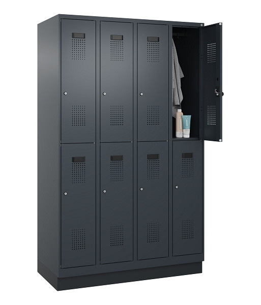 C+P Doppelstöckiger Spind Evolo PLUS, mit Sockel, 8 Fächer, 1950x1200x500mm, 701, Frontfarbe RAL 7016 Anthrazitgrau, Zylinderschloss, 049320-40 S10043