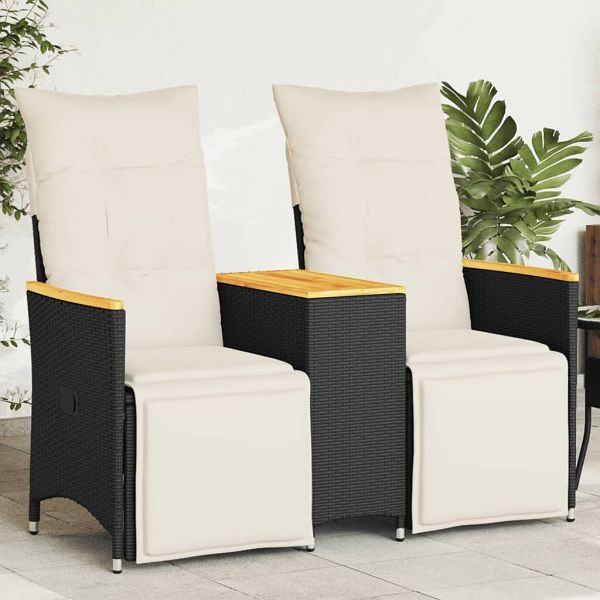 vidaXL Gartensofa 2-Sitzer Verstellbar mit Tisch Schwarz Poly Rattan, 365722