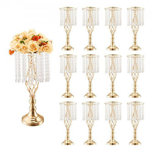 VEVOR 49 cm Blumenständer aus Kristallglas, goldene Metallvase für Hochzeiten und Events, VE: 12 Stück, HLHPSJK50CM1YXMI4V0