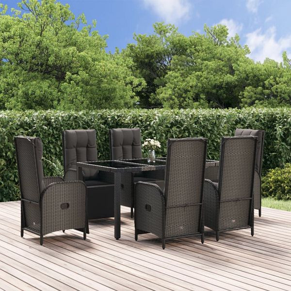 vidaXL 7-teilig Garten-Essgruppe mit Kissen Schwarz und Grau Poly Rattan, 3185062