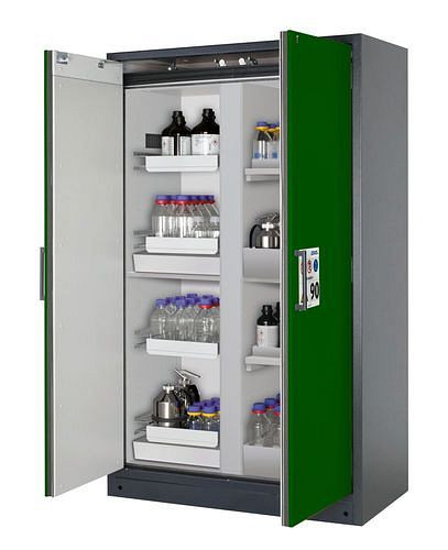 asecos Feuerbeständiger Gefahrstoffschrank Select, Mittelwand, mit Auszugs- und Bodenwannen, grün, 266867