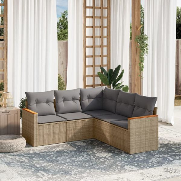 vidaXL 5-teilig Garten-Sofagarnitur mit Kissen Beige Poly Rattan, 3225961
