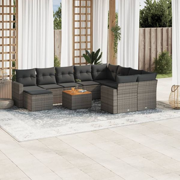 vidaXL 11-teilig Garten-Sofagarnitur mit Kissen Grau Poly Rattan, 3256746