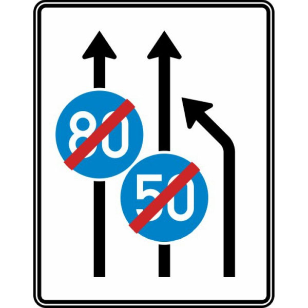 Stein HGS Einengungstafel ohne Gegenverkehr, Einzug rechts, noch 2 Streifen in Fahrtrichtung, Ende der Mindestgeschwindigkeit Nr. 535-11, RA1/Flachform 2mm, 1600x1250mm, 535-11-111