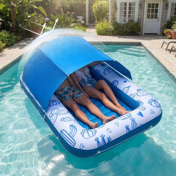 VEVOR Aufblasbare Schwimmmatratze 208x140cm, Luftmatratze mit UPF 50+ Sonnendach, 250kg tragbar, inkl. Kissen, Halter, PFTYPVCDX1JTT4QKT001V0