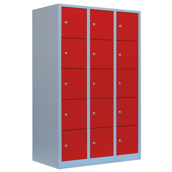 Lüllmann Schließfachschrank, 3 Abteile, 15 Fächer, 1800 x 1185 x 500 mm, lichtgrau/feuerrot, 523534