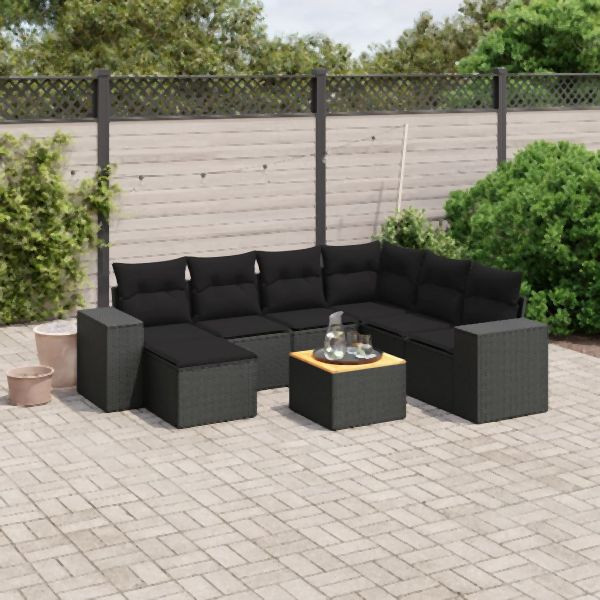 vidaXL 8-tlg. Garten-Sofagarnitur mit Kissen Schwarz Poly Rattan, 3257889