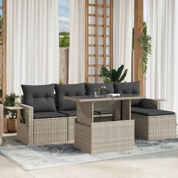 vidaXL 6-tlg. Garten-Sofagarnitur mit Kissen Hellgrau Poly Rattan, 3267872