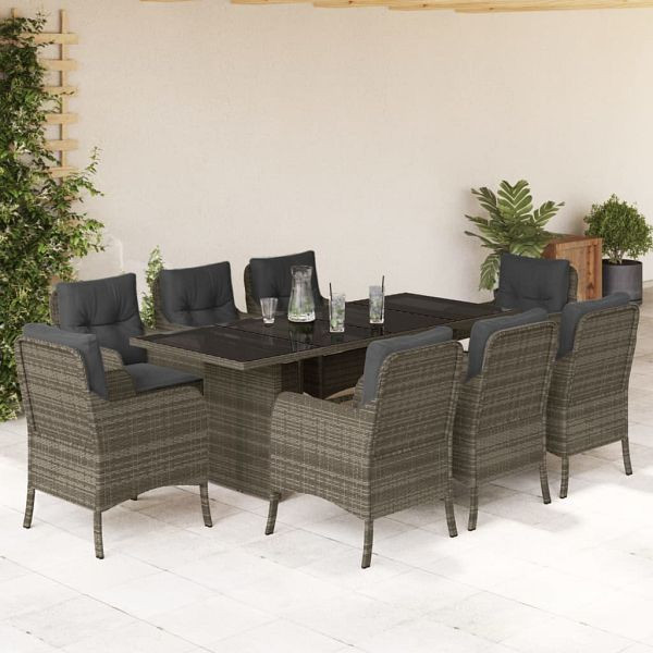 vidaXL 9-teilig Garten-Essgruppe mit Kissen Grau Poly Rattan, 3211885