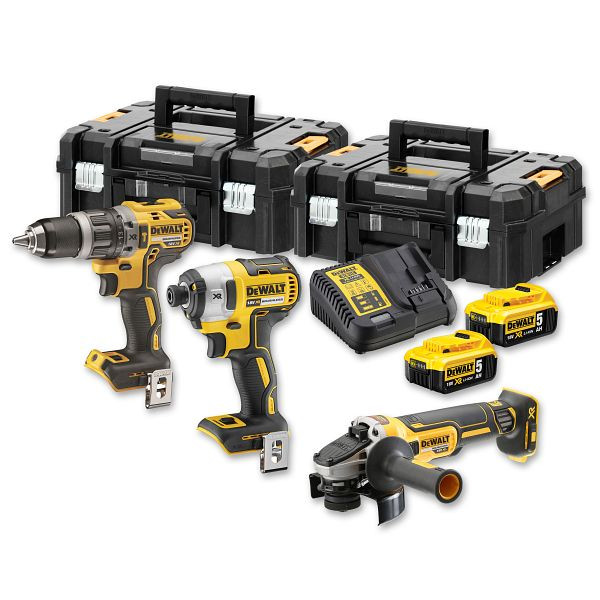 DeWalt 18,0 Volt / 5,0 Ah Akku-Kombopack mit DCD 796 (Schlagbohrschrauber), DCF 887 (Schlagschrauber), DCG 405 (Winkelschleifer), DCK384P2T-QW