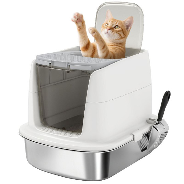 PawHut Katzentoilette Edelstahl, geschlossene Katzentoilette mit Schaufel, Geruchsbeutel, Einstieg, D31-140V00WT