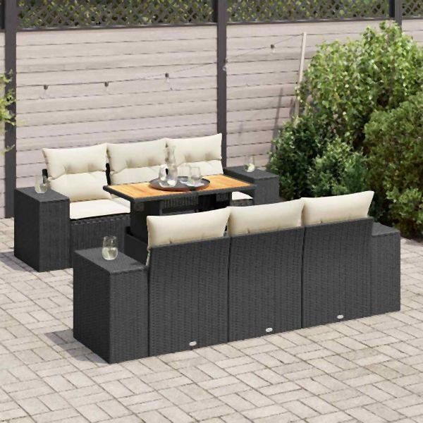 vidaXL 7-tlg. Garten-Sofagarnitur mit Kissen Schwarz Poly Rattan, 3327332