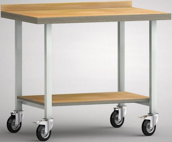 KLW Beistell-Werkbank - 1000 x 700 x 845 mm L x T x H, mit Buchen-Multiplexplatte 1000 x 700 x 45 mm, mit Rückbrett fahrbar, WP819N-1000M45-X0003