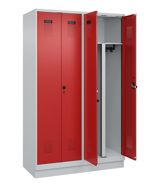 C+P PSA Schwarz-Weiß-Spind Evolo PLUS, mit Sockel, 4 Abteile, 1950x1200x500mm, 7, Frontfarbe RAL 3000 feuerrot, Drehriegel, 049022-40P S10003