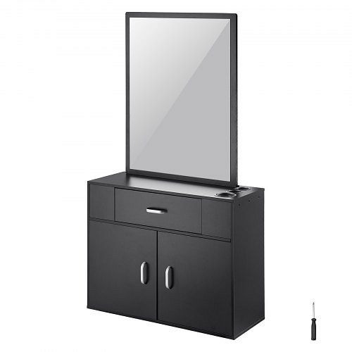 VEVOR Salon-Aufbewahrungsschrank, Wandmontage, mit 3 Fächern, Spiegel, Doppeltürschrank, Schublade, Schwarz, 75 x 30 x 140 cm, SLJDLBGSDJZ03SAG3V0