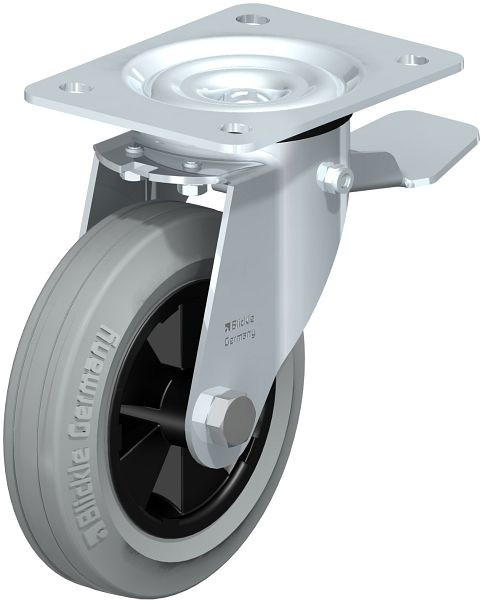 Blickle LE-VPP 150G-ST-SG Stahlblech-Lenkrolle mit Anschraubplatte & Feststeller, Vollgummi, Grau, 749724