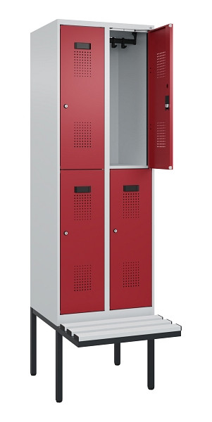 C+P Doppelstock-Spind Evolo PLUS, Bank, 4 Fächer, 2120x600x815mm, 7035/3003, Zylinderschloss, Sitzfläche Kunststoff, 0493407-20 S10112