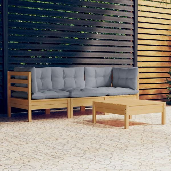 vidaXL 4-tlg. Garten-Lounge-Set mit Grauen Kissen Kiefernholz, 3096105
