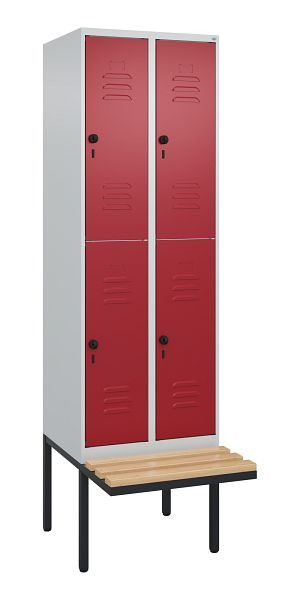 C+P Doppelstöckiger Spind Classic PLUS, 2 Abteile, 2120x600x815mm, 7035/3003, Drehriegel, Sitzleisten aus Buche, schwebende Sitzfläche, 0803407-20 S10001