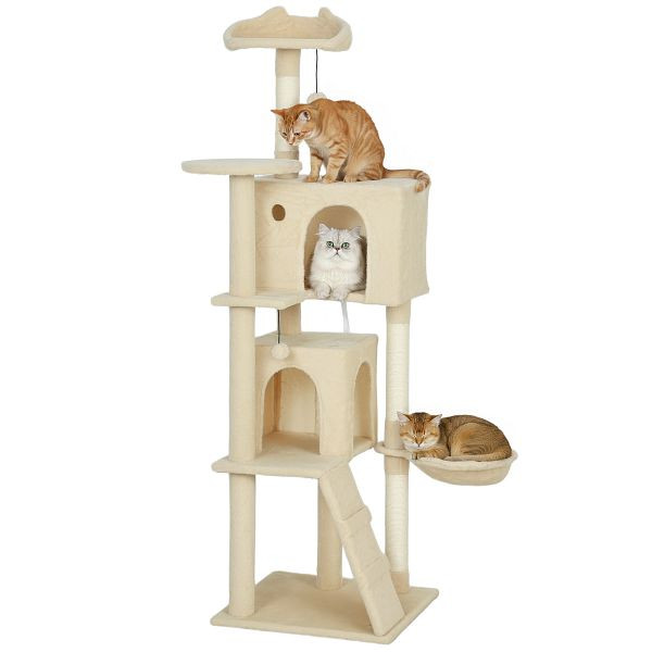 PawHut Kratzbaum 160 cm Katzenturm mit Hängematte, Leiter, Höhle, 2 Plüschballen, Sisalstämme, D30-920V01BG