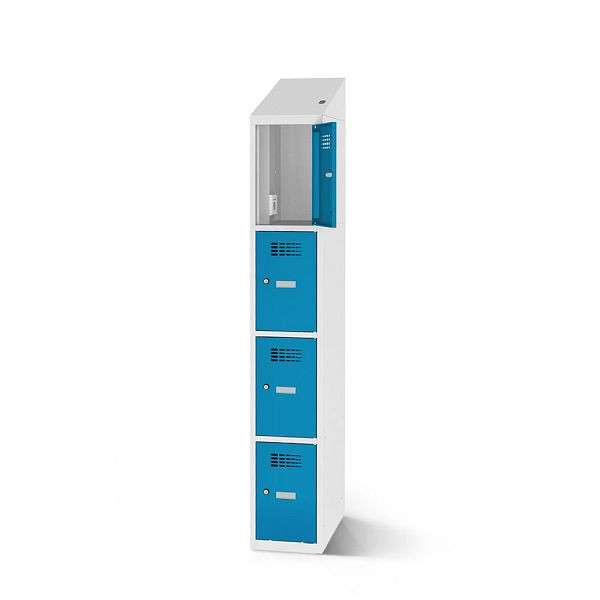 Rotstahl Fächerschrank, 4 Fächer, kurzer Sockel, mit Ladefunktion, Schrägdach, Korpus: lichtgrau, Türen: lichtblau, 2180-010400-0401112-7035-5012