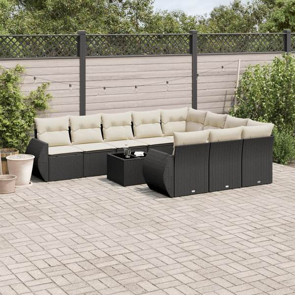 vidaXL 11-tlg. Garten-Sofagarnitur mit Kissen Schwarz Poly Rattan, UV-beständig, 3221895