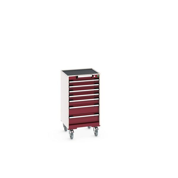 bott cubio Schubladenschrank mobil bestückt, mit 7 Schubladen, BxTxH: 525x525x985mm, RAL 7035/3004, Purpurrot, 40402021.24V