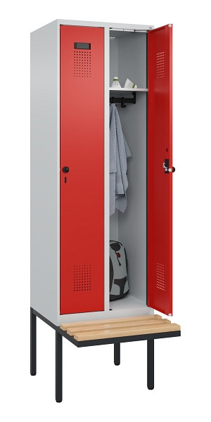 C+P Spind Evolo PLUS, 2 Abteil, 2120x600x815mm, 7035/3020, Drehriegel, Sitzfläche Holz, 0490407-20 S10005