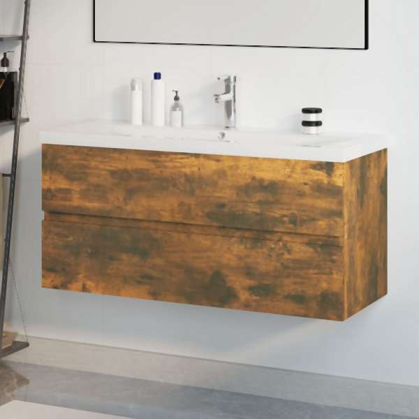 vidaXL Waschbeckenschrank mit Einbaubecken Räuchereiche Holzwerkstoff, 3152888