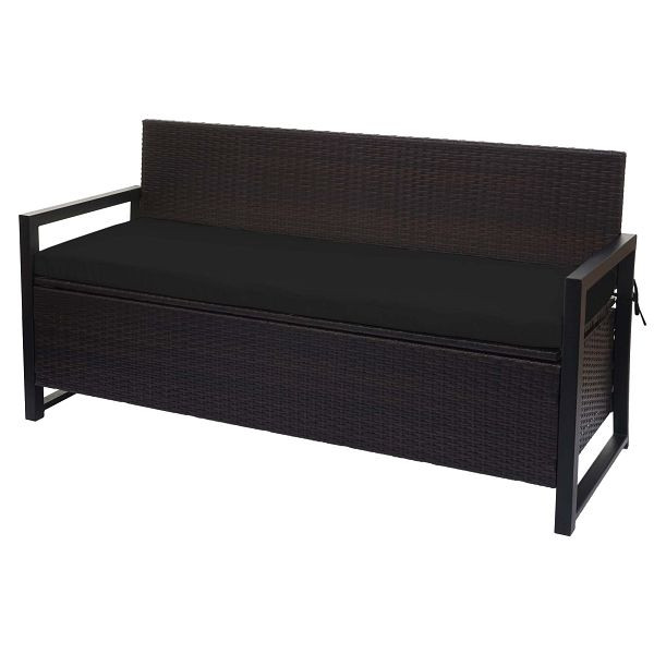Mendler Poly-Rattan 3er Sitzbank HWC-F39, Gartenbank Truhenbank, Staufach Aufbewahrung Sitzkissen, braun, Kissen schwarz, 76590+76604