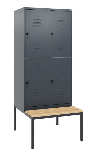 C+P Doppelstöckiger Spind Classic PLUS, 2 Abteile, 1950x800x815mm, 7016/7016, Drehriegel, Buche-Sitzleisten, mit untergebauter Sitzbank, 0803505-22 S10010