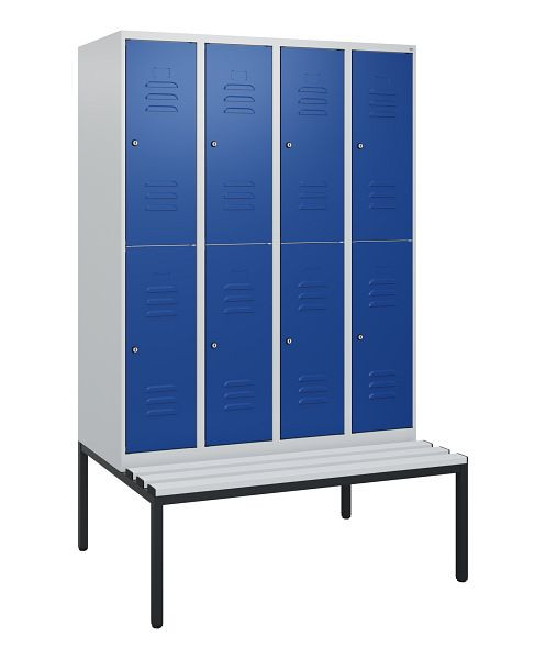 C+P Doppelstöckiger Spind Classic PLUS, 4 Abteile, 1950x1200x815mm, 7035/5010, Zylinderschlösser, mit untergebauter Sitzbank, 0803505-40 S10078