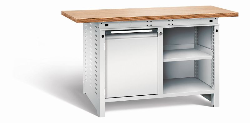 Otto Kind Werkbank Serie function Typ 210, Multiplexplatte 40 mm, überstehend, 2x Unterbau, komplett RAL 7035, 072340217