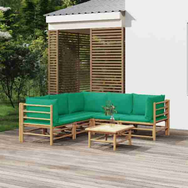 vidaXL 6-tlg. Garten-Lounge-Set mit Grünen Kissen Bambus, 3155156