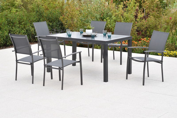 Merxx Milano Set 7-teilig, 6 Milano Stapelsessel, graphit/grau, 1 Ausziehtisch, 150 (200) x 90 cm, Alumiuniumgestell mit Textilbespannung, 51053-309