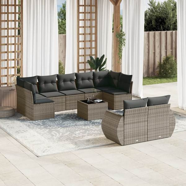 vidaXL 10-tlg. Garten-Sofagarnitur mit Kissen Grau Poly Rattan, UV-beständig, 3221829