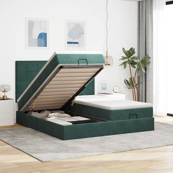 vidaXL Ottoman-Bett mit Matratzen & LEDs Dunkelgrün 160x200 cm Samt, 3314618