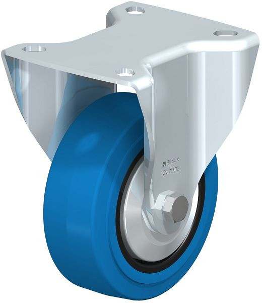 Blickle BK-POEV 100R-1-SB-FA Stahlblech-Bockrolle, schwere Ausführung, mit Anschraubplatte, Elastik-Vollgummi, Blau, 749208
